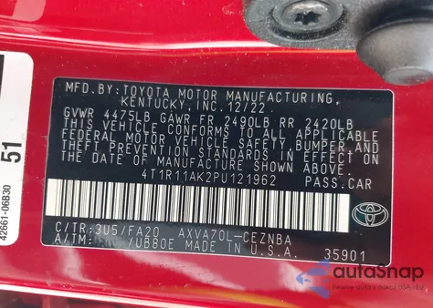 2023 Toyota Camry Le z USA, uszkodzony, nr VIN 4T1R11AK2PU121962